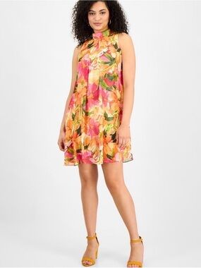 NWT Robbie Bee Women's Floral-Chiffon Mock-Neck Trapeze Dress Size 6 SOLD OUT